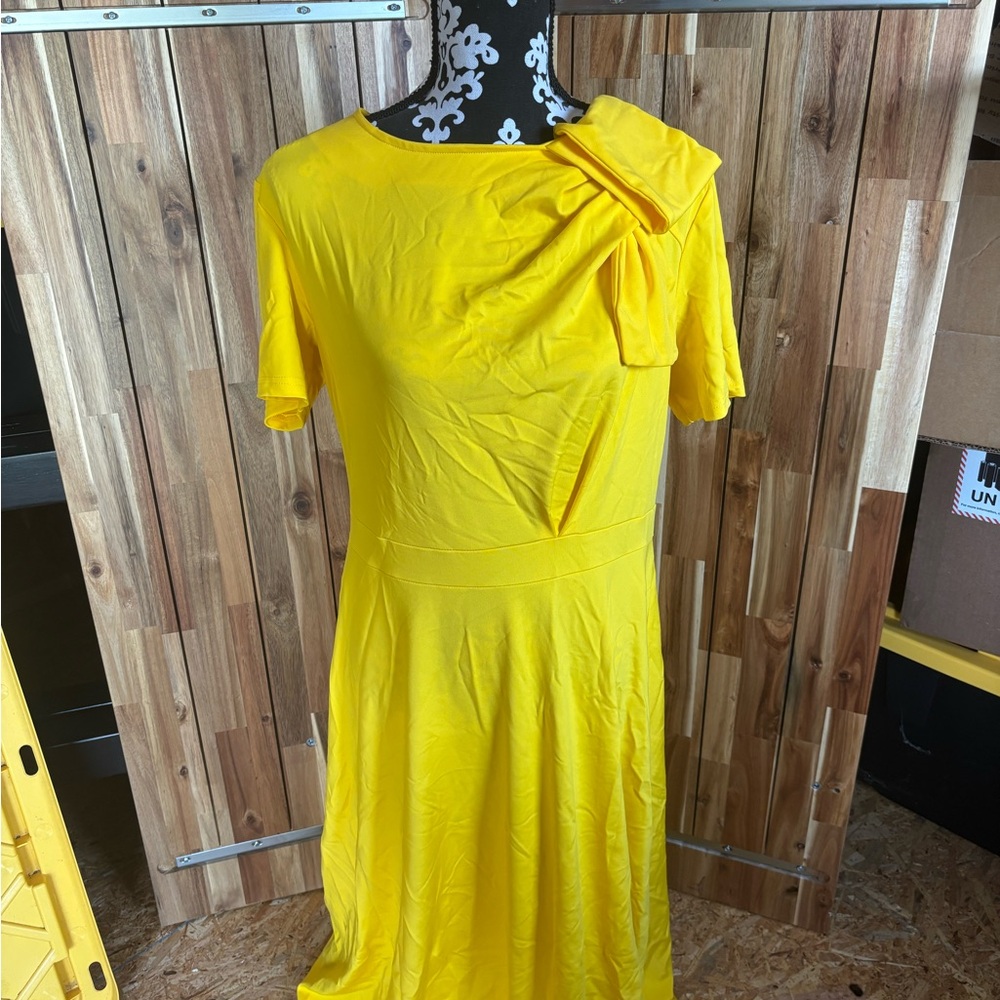 Yellow Bow-Shoulder Fit & Flare Dress-Unbranded
